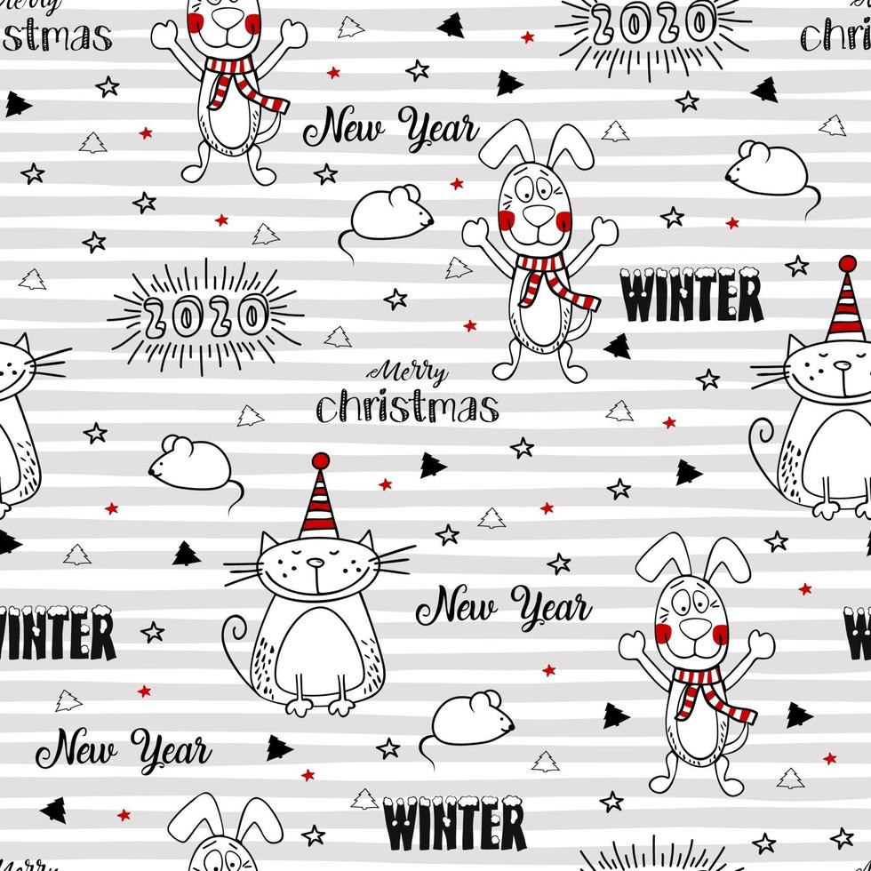 Kerst naadloze patroon. doodles objecten geïsoleerd op een witte achtergrond. vector illustratie. print voor inpakpapier, behang, stof.