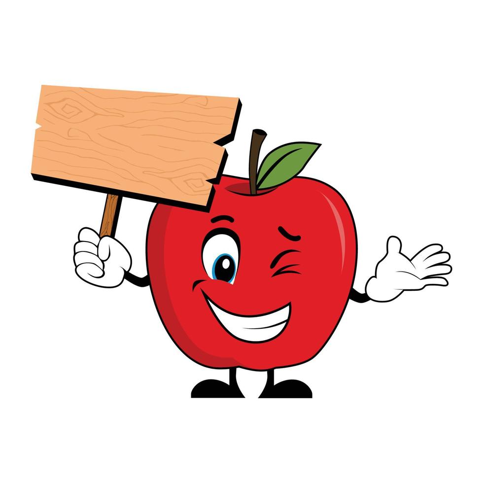 appel mascotte tekenfilm Holding omhoog een blanco hout teken. geschikt voor poster, banier, web, icoon, mascotte, achtergrond vector