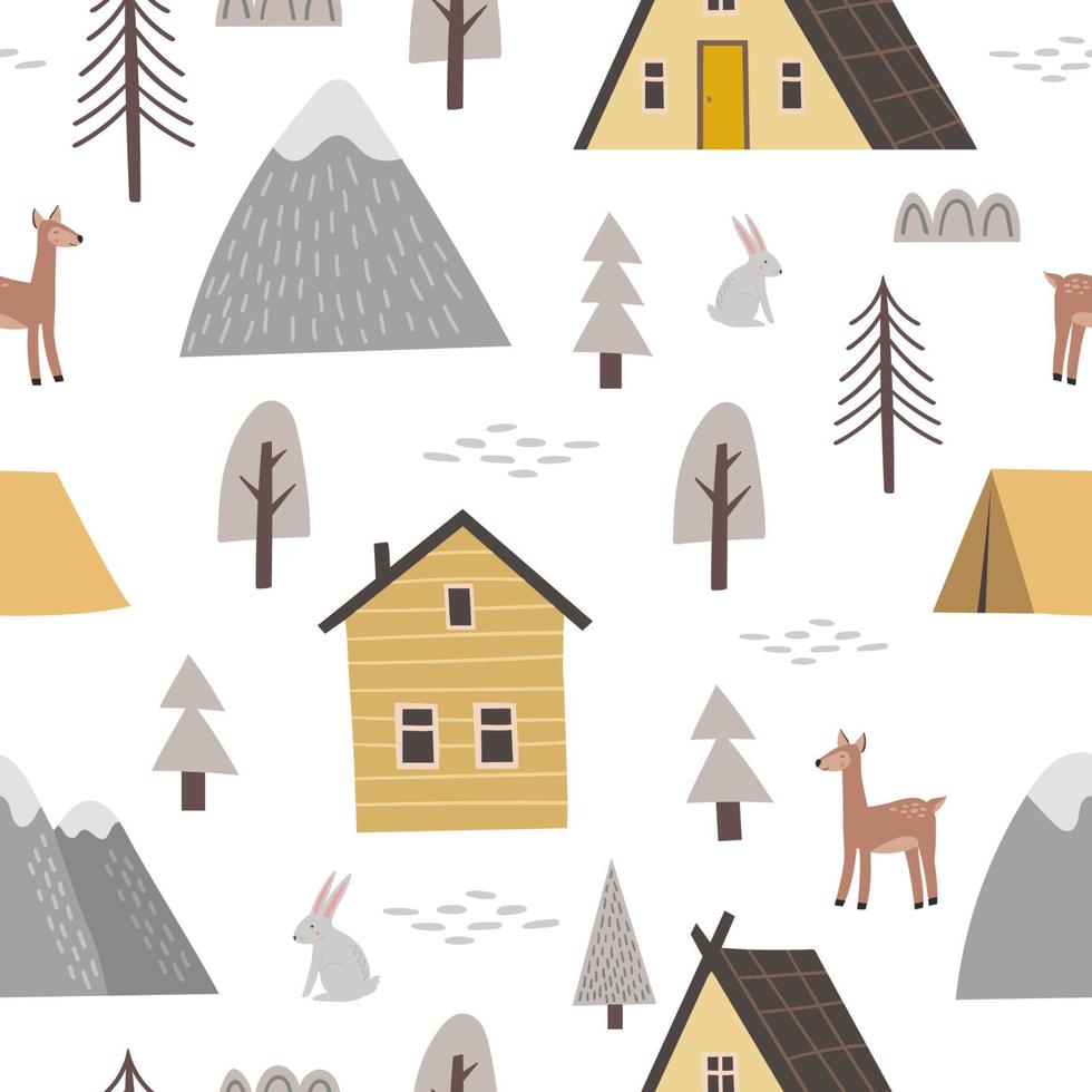 naadloos patroon met schattig Woud huis en camping. modern appartementen voor rust uit Aan natuur, berg lodge Bij nationaal park Oppervlakte. hand- getrokken tekening Scandinavisch stijl. vector illustratie