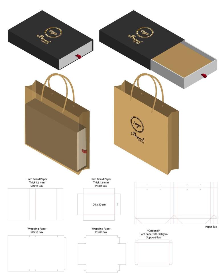 papieren zak en doos verpakking gestanst en 3D-zakmodel vector