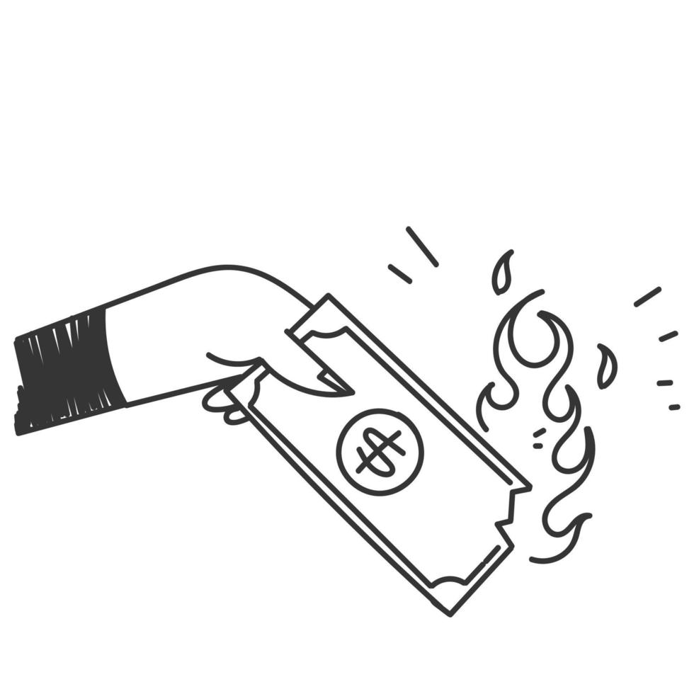 hand- getrokken tekening hand- Holding brandend geld symbool voor inflatie illustratie vector