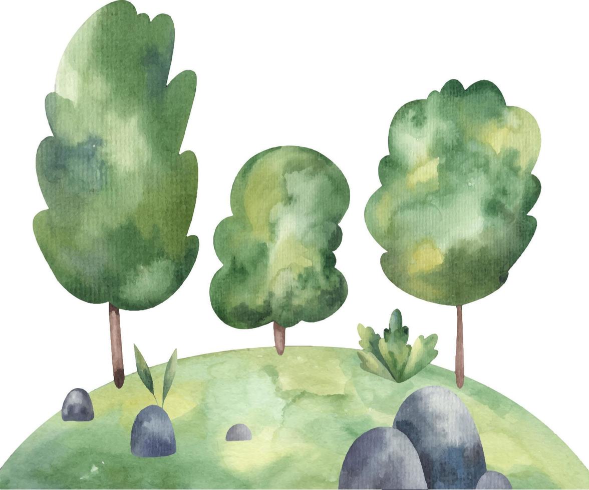 samenstelling met boom, stenen, struiken en, gazon. kinderen illustratie Aan een wit achtergrond in aquarel.eps vector