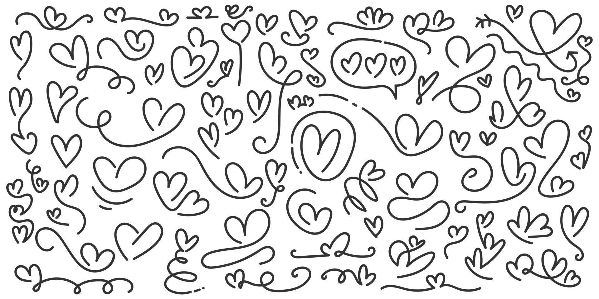 hand- getrokken hart verzameling. liefde doodles set. kattebelletje element. romantisch illustratie elementen voor valentijnsdag dag of moeders dag vector