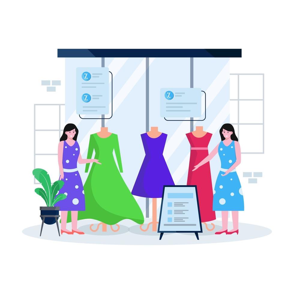 platte vectorillustratie van een kledingwinkel en een boetiek met mensen die te maken hebben met het kopen van kleding en accessoires vector