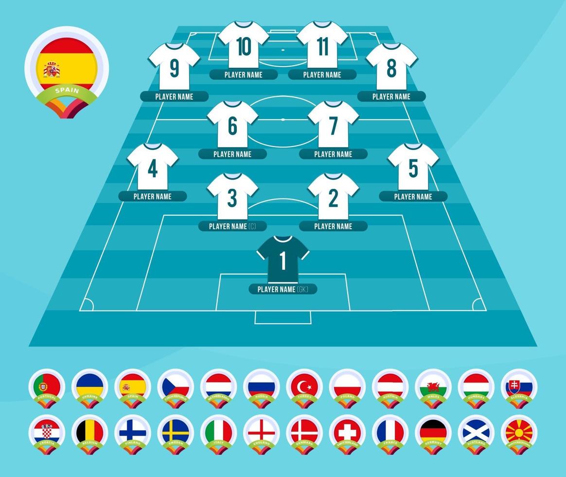 voetbal 2020 teamvorming. league toernooi uitgezonden grafisch sjabloonontwerp. teamopstelling op ingediende voetbalafbeelding voor startende voetbalopstelling. vector