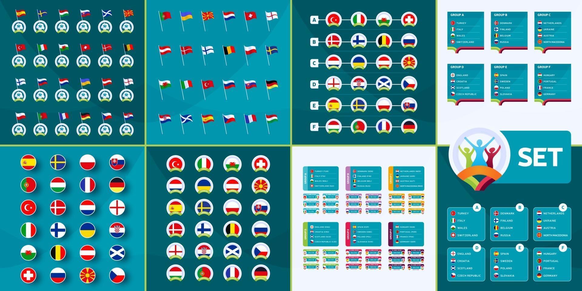 europees voetbal 2020 megaset. europese voetbal 2020 landvlaggen, tean groepen en wedstrijden op toernooi achtergrond vector set. infographic megacollectie