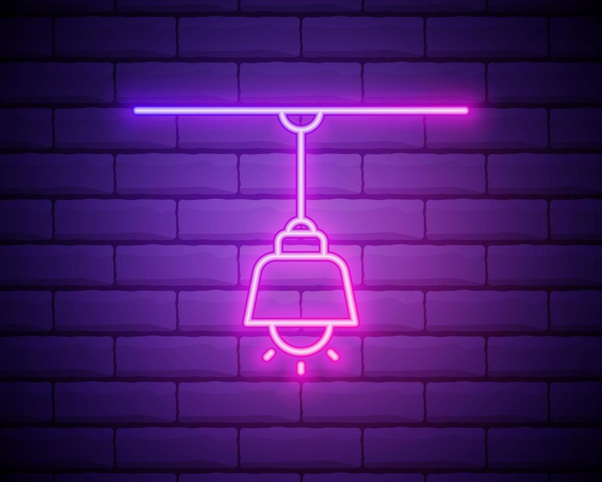 gloeiende neon lijn kroonluchter pictogram geïsoleerd op bakstenen muur achtergrond. vector illustratie