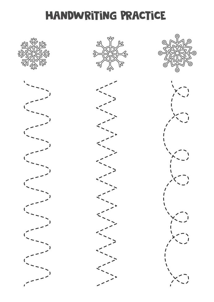 lijnen met zwarte en witte sneeuwvlokken traceren. Schrijf oefening. vector