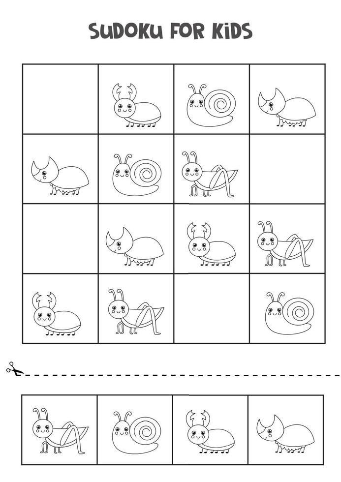 Sudoku-spel voor kinderen met schattige zwart-witte insecten. vector
