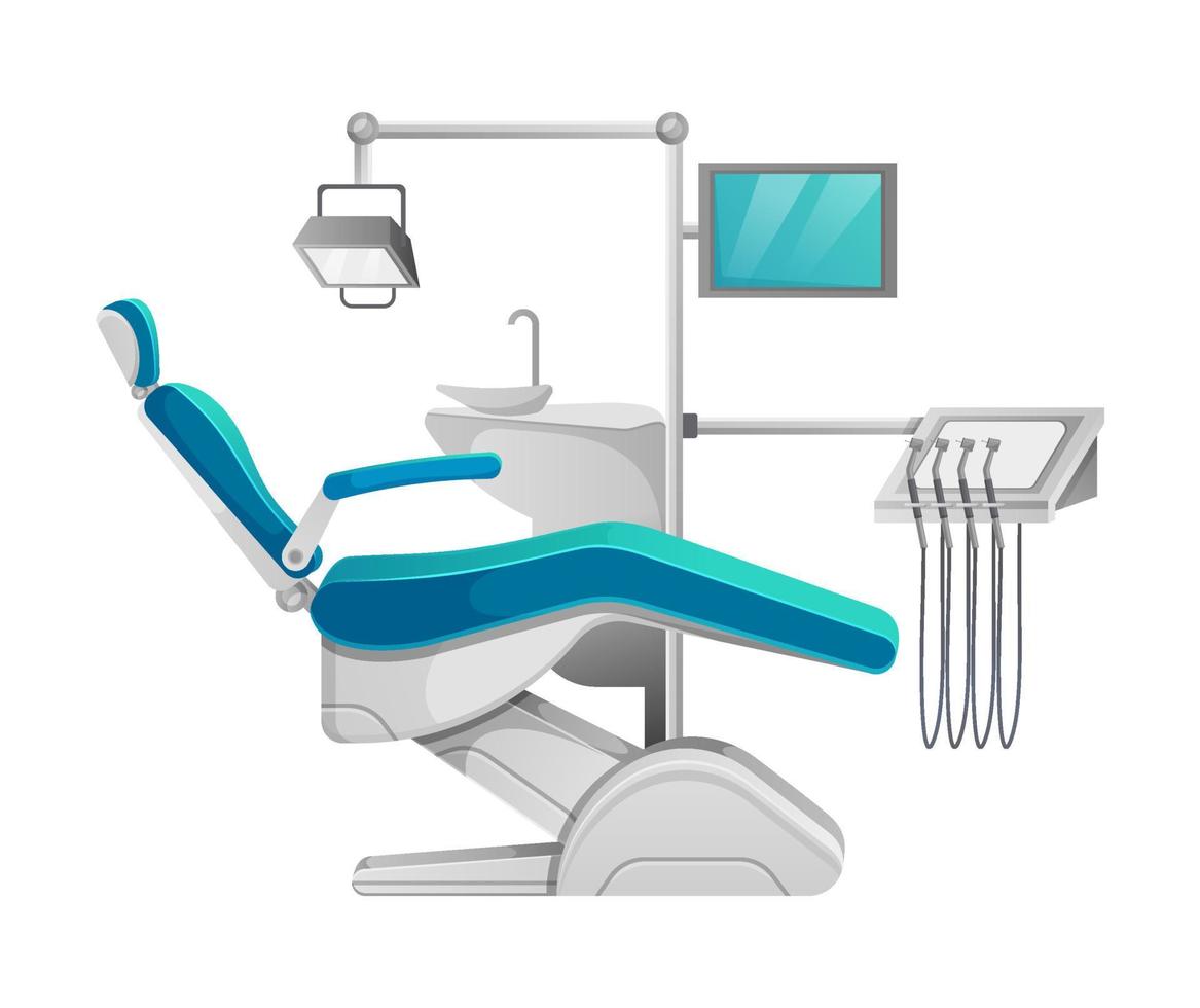 tandheelkundig stoel. fauteuil voor geduldig, stoel voor dokter, lamp, speciaal hulpmiddelen. vector illustratie van meubilair en uitrusting voor medisch professioneel praktijk geïsoleerd Aan wit.