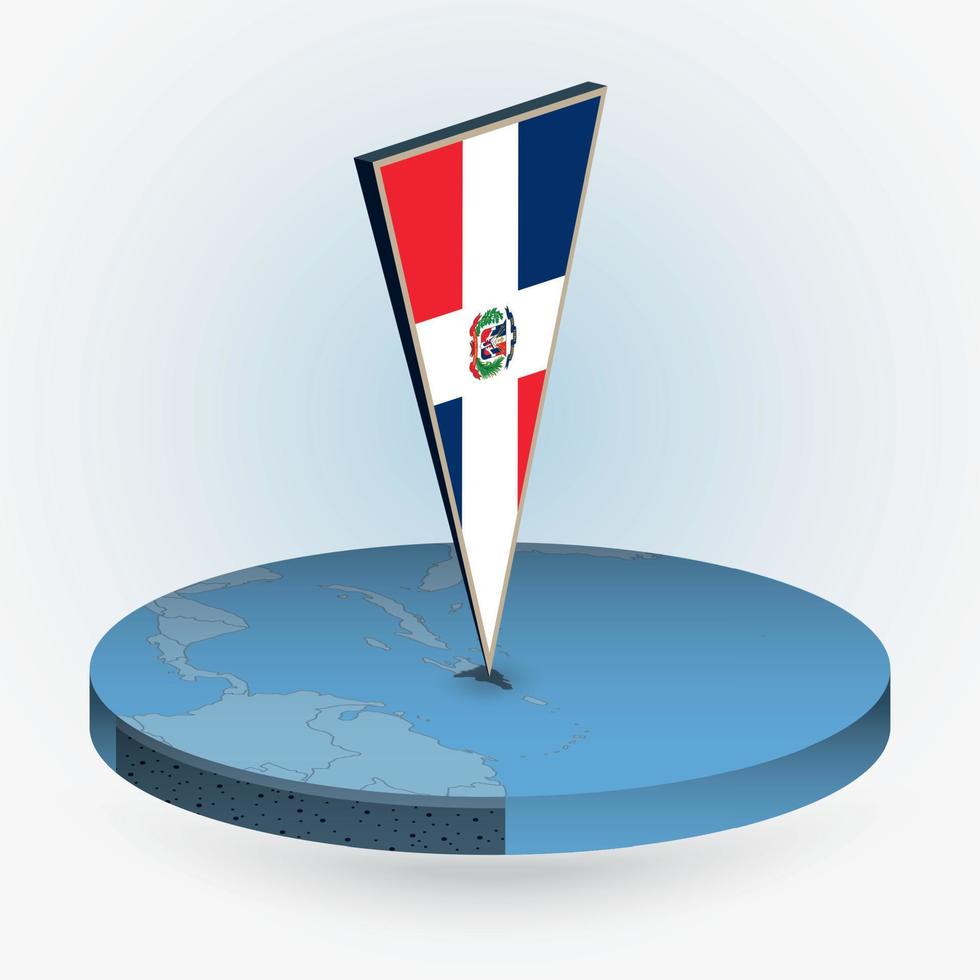 dominicaans republiek kaart in ronde isometrische stijl met driehoekig 3d vlag van dominicaans republiek vector
