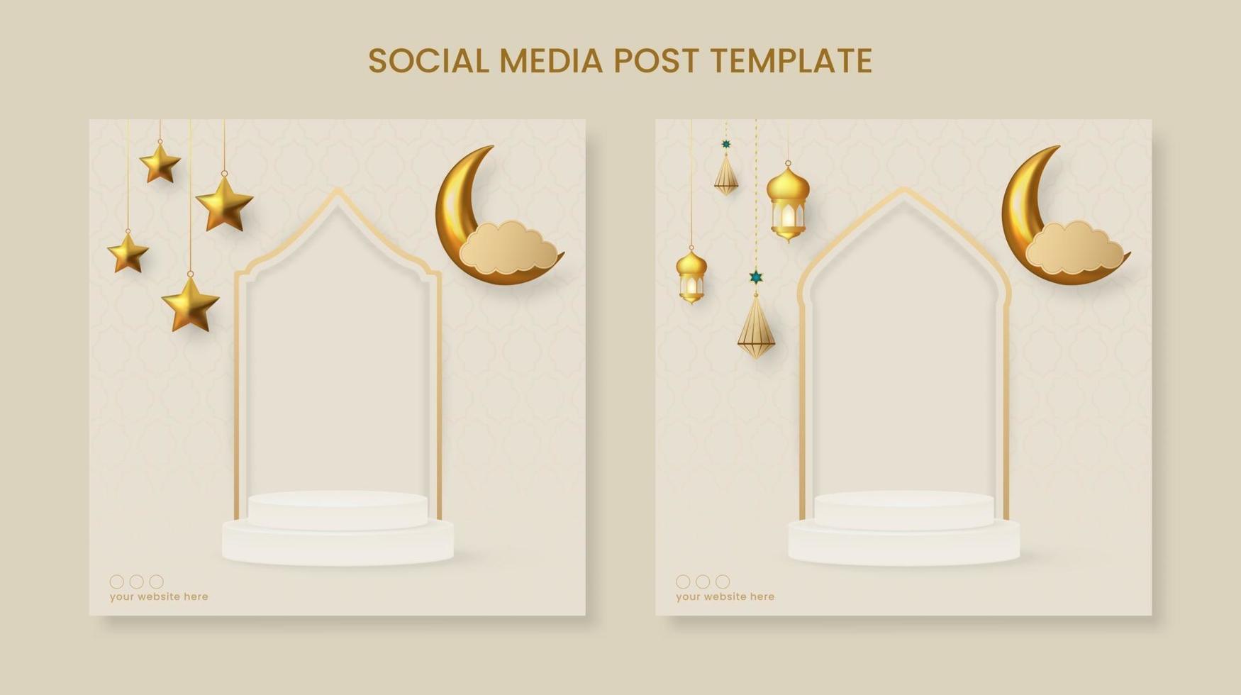 ramadan of eid mubarak vierkante sjabloon voor spandoek met hangende ornamenten en podium vector