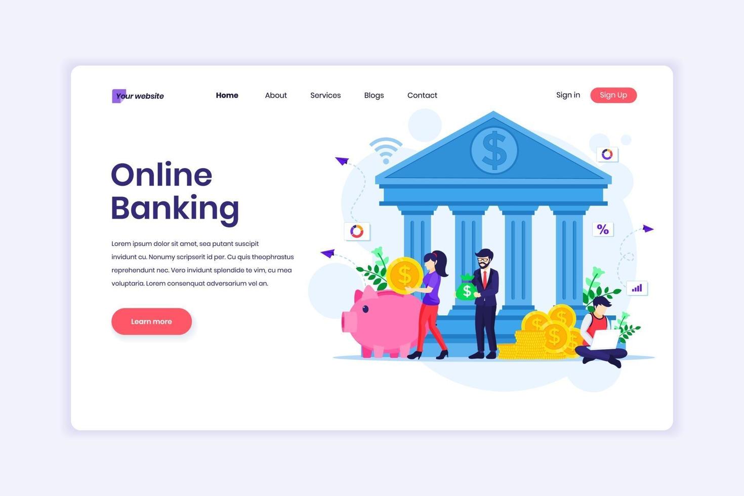 bestemmingspagina ontwerpconcept van online bankieren, online financiële investeringen. vector illustratie