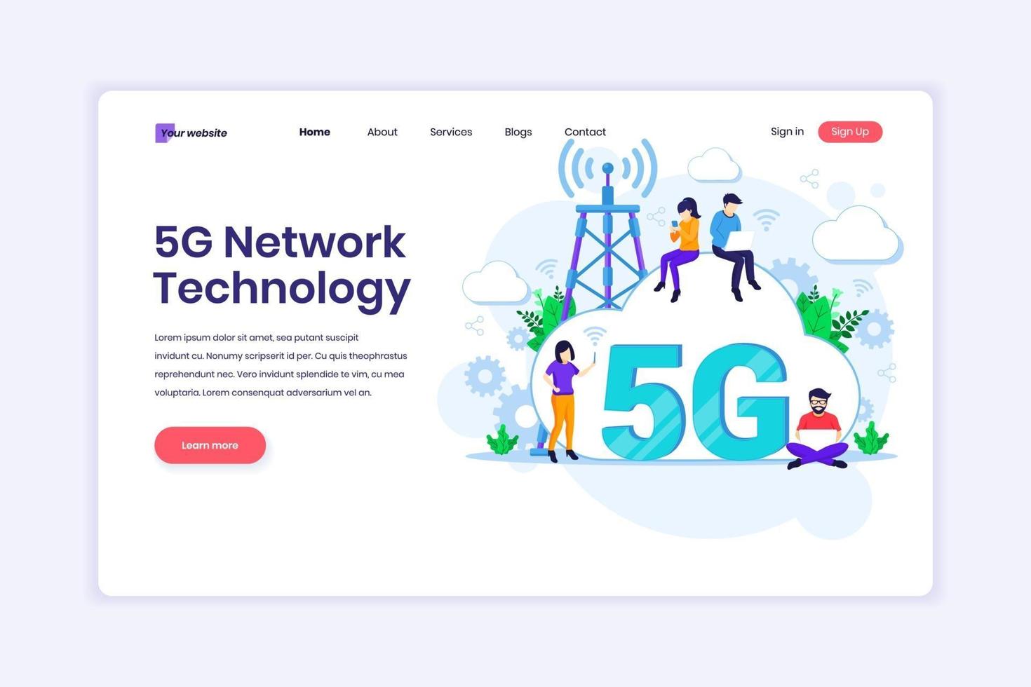 bestemmingspagina ontwerpconcept van 5e netwerktechnologie. mensen die een snelle draadloze verbinding 5g gebruiken. vector illustratie