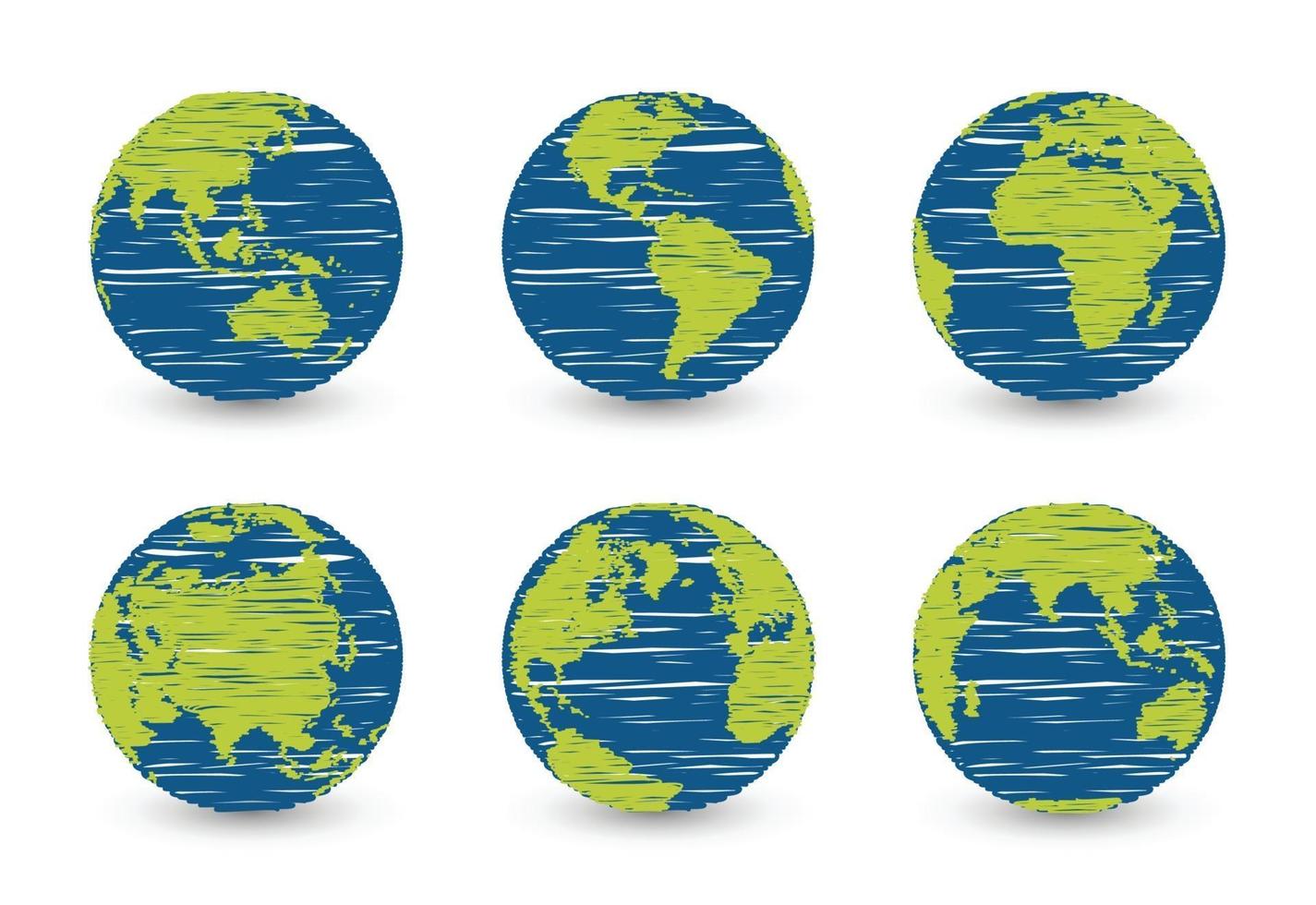 set van planeet aarde. set van earth globe. wereldkaarten plat ontwerp eenvoudig met krabbeleffect. geïsoleerde premium vector