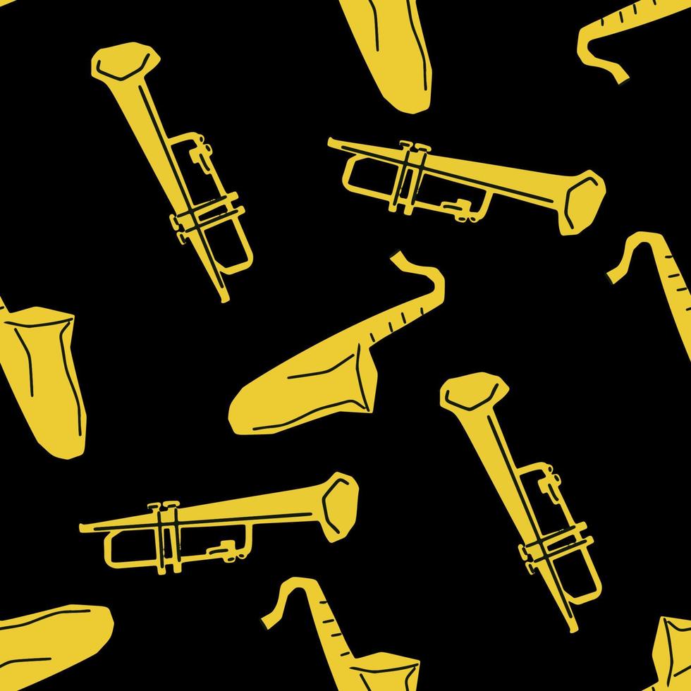 naadloos patroon met illustratie van musical instrument trompet en saxofoon in snijdend stijl geel kleur Aan zwart achtergrond vector