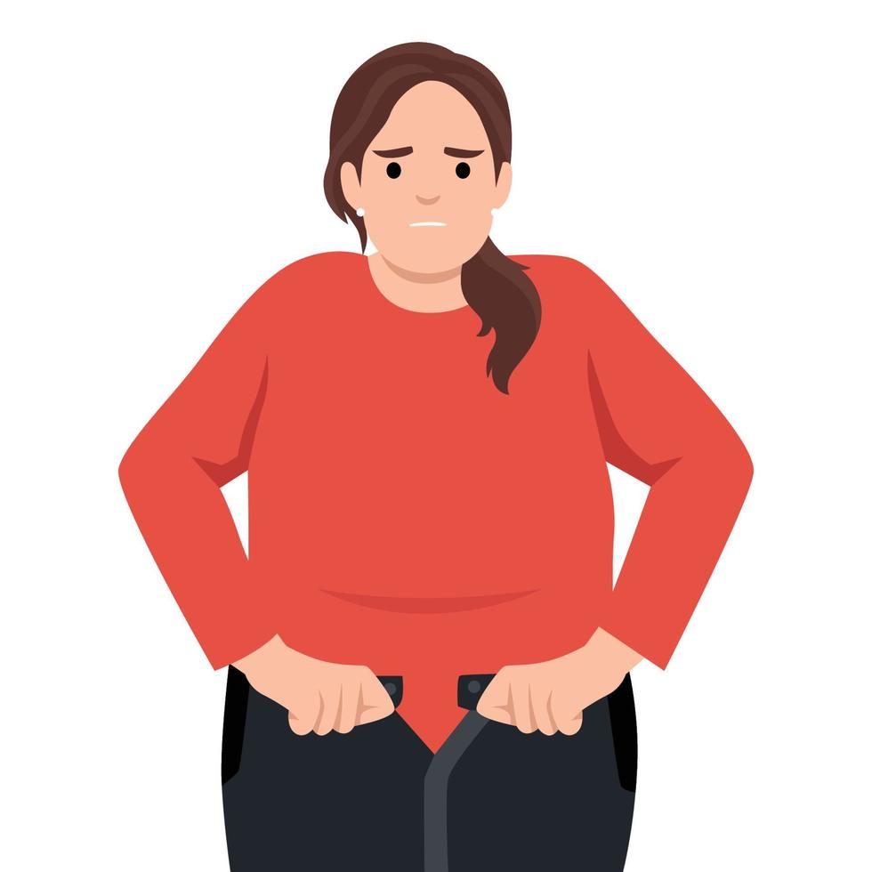 ongelukkig te zwaar vrouw niet in staat naar vastmaken jeans, nodig hebben verliezen gewicht voor lichaam houden fit. dik vrouw lijden van buitensporig lichaamsgewicht. eetpatroon, gezond levensstijl concept vector