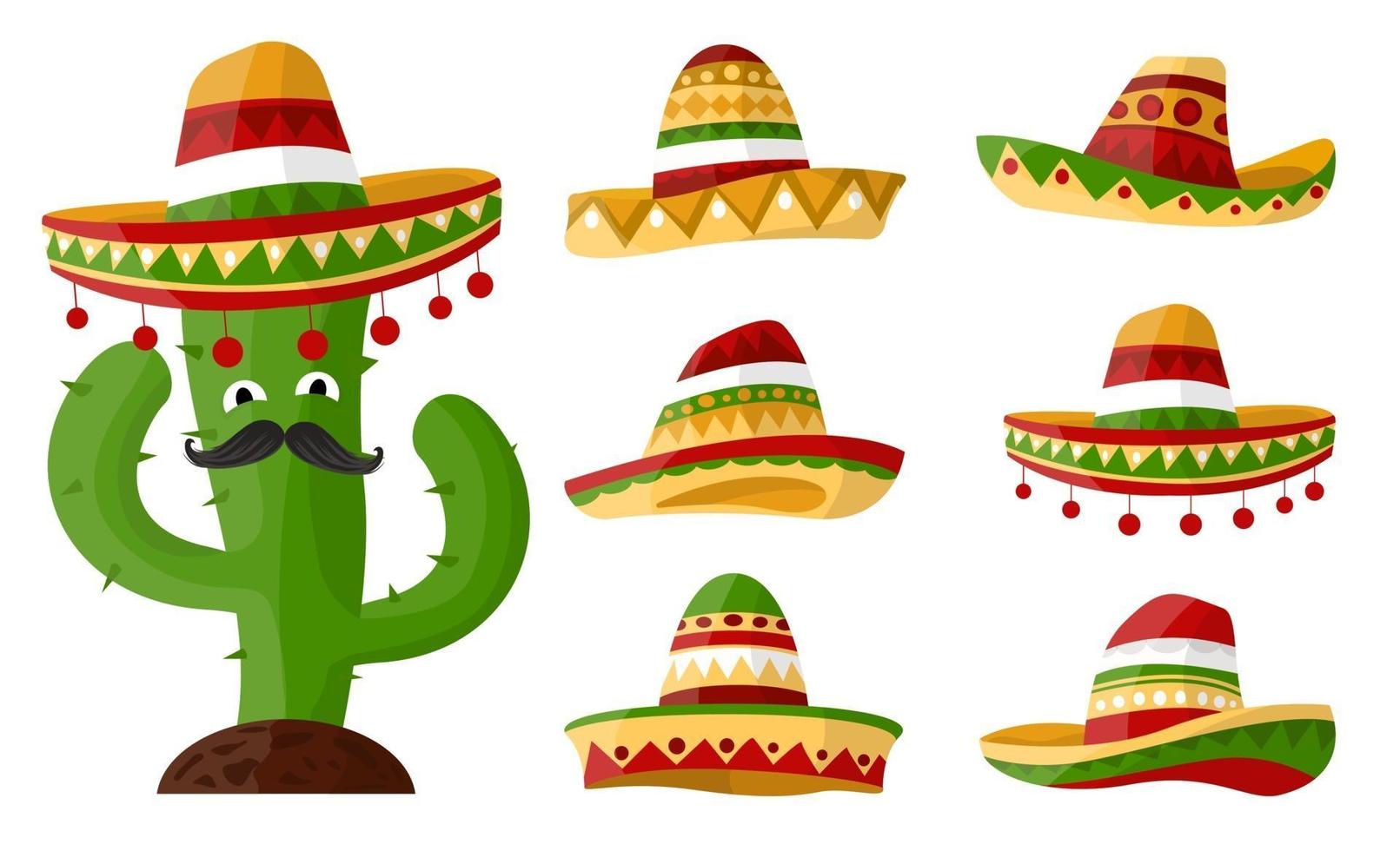 Mexicaanse cartooncactus met reeks sombrero's met kleurrijke ornamentenart. hoed op geïsoleerde achtergrond voor uw ontwerp. vector