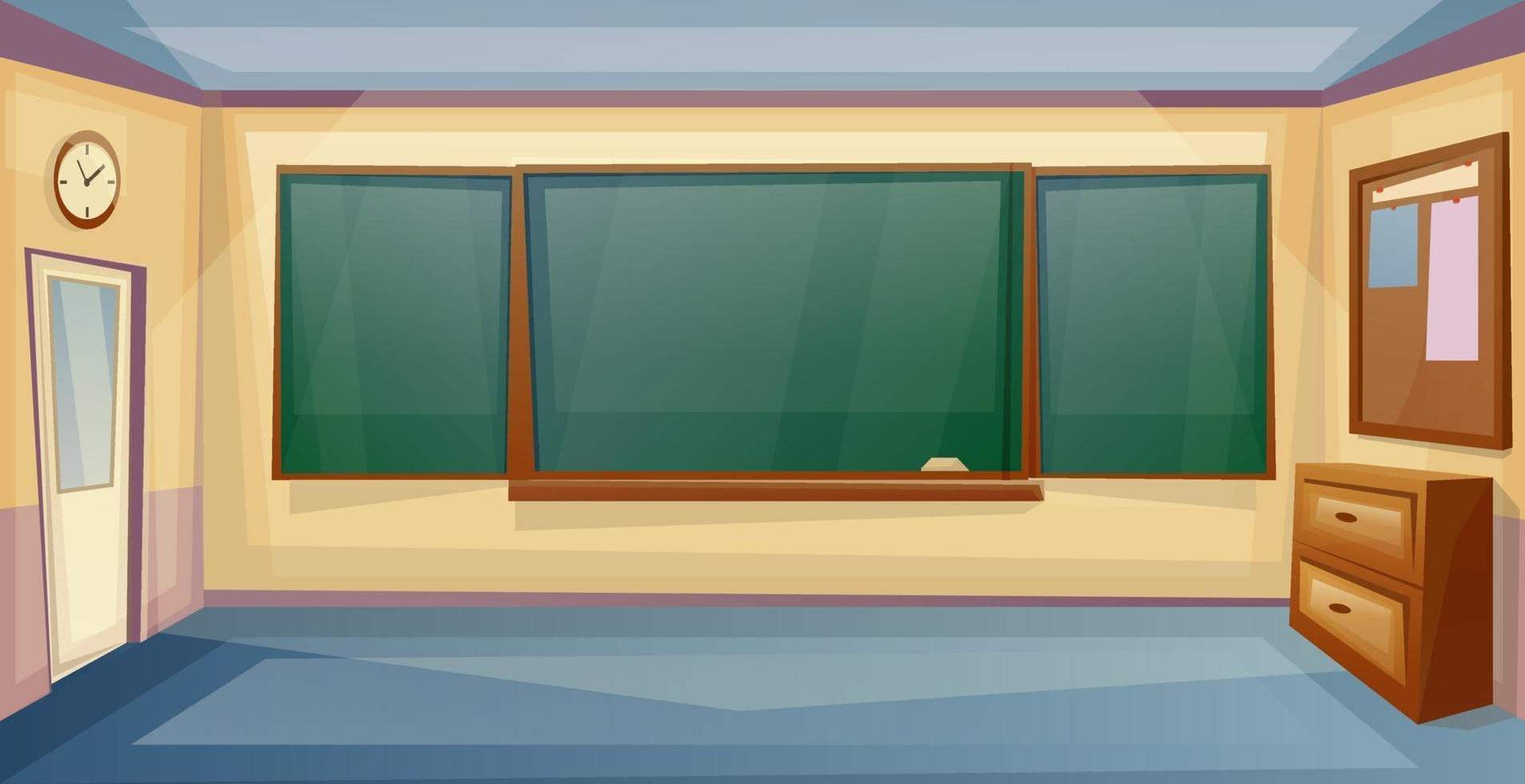 school klas interieur met bureau en bord. les. lege universiteitskamer. vector cartoon