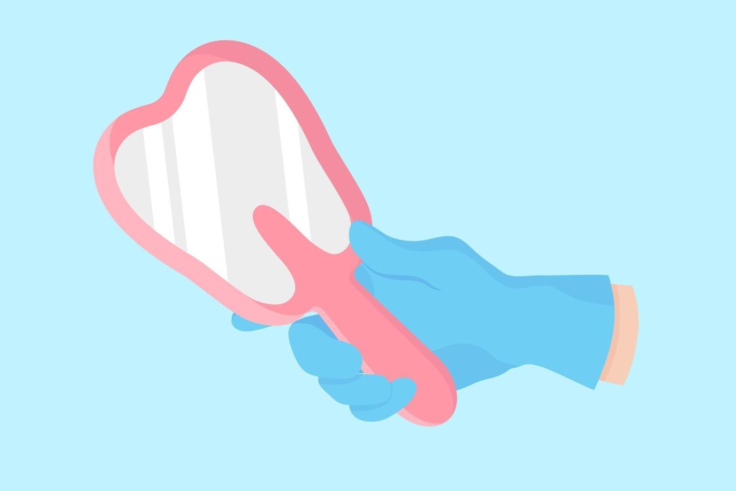 vector cartoon hand van een tandarts in een blauwe handschoen die een tandheelkundige spiegel in de vorm van een tand houdt.