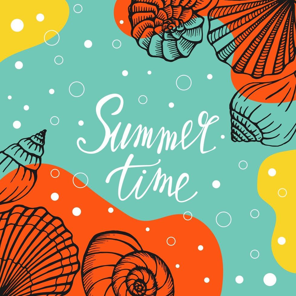heldere zomerkaart. mooie zomerse poster met schelpen en handgeschreven tekst. zomervakantie kaarten. vector illustratie