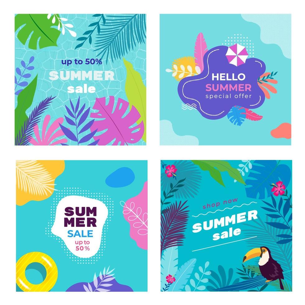 zomeruitverkoop sociale media-bannermalplaatjes met tropische bladeren, plumeria, monstera, zandparaplu, toekan, zwembaddrijvers, zwembadachtergrond. vector