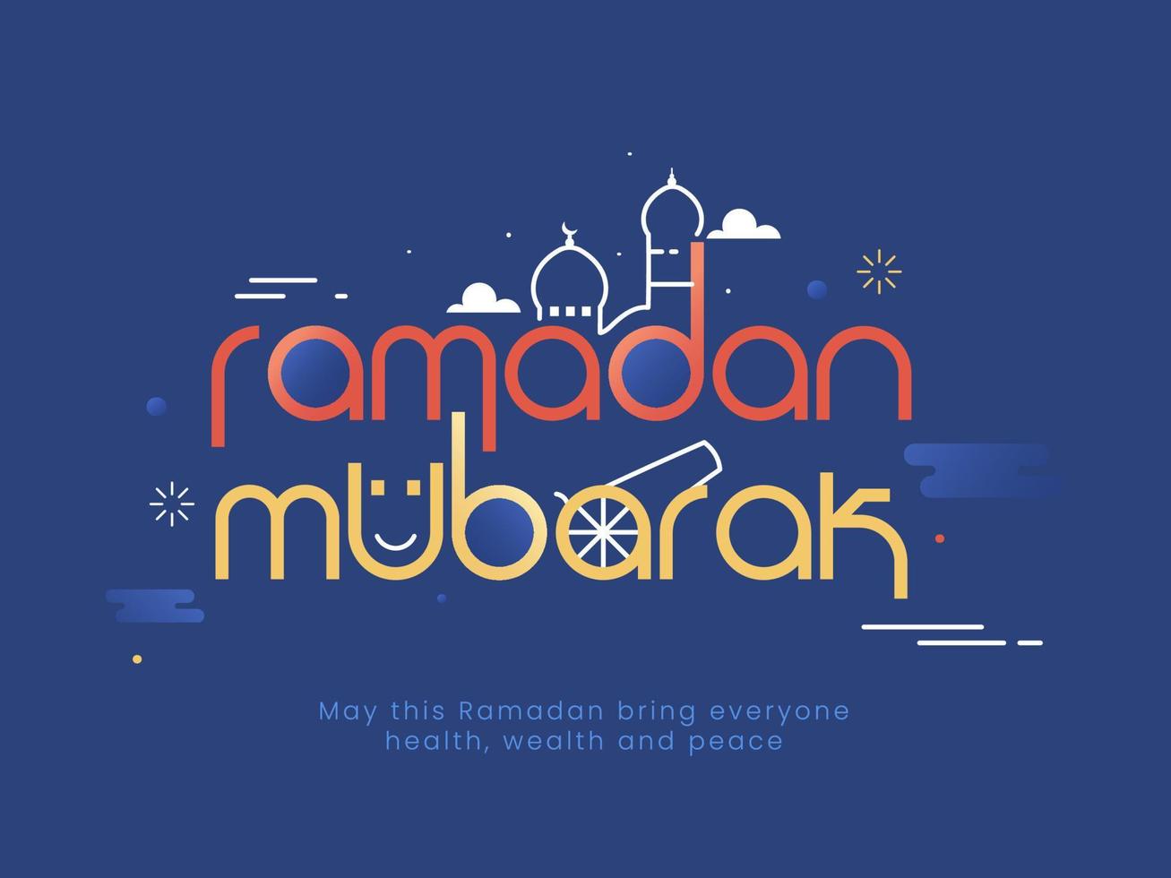 kleurrijk tekst Ramadan mubarak, lijn kunst moskee Aan blauw achtergrond. Islamitisch heilig maand concept. vector