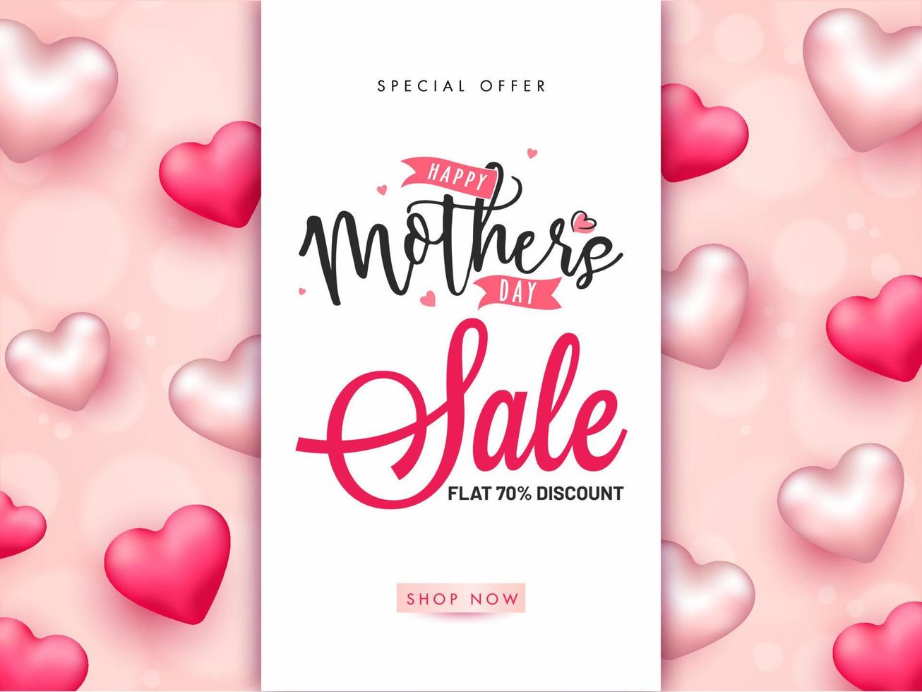 gelukkig moeder dag uitverkoop poster ontwerp met korting aanbod en glanzend harten versierd Aan pastel roze bokeh achtergrond. vector