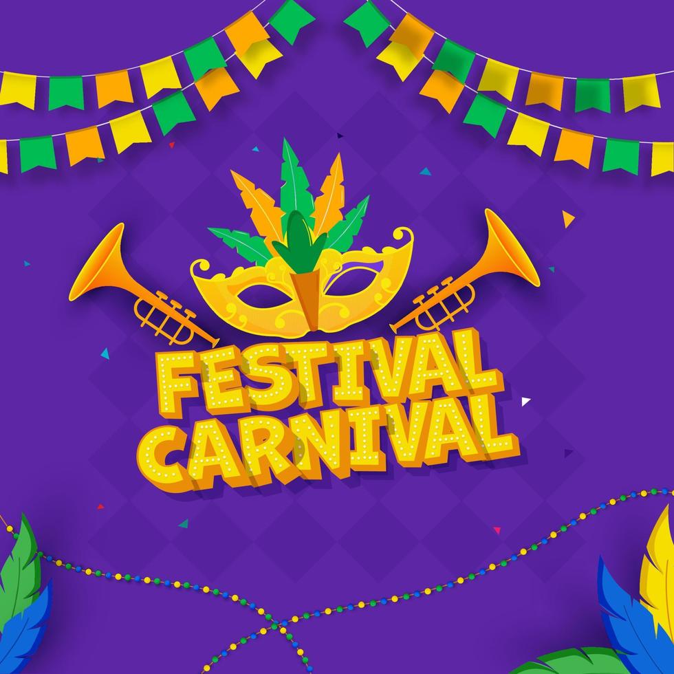 3d carnaval festival tekst met veer masker, trompetten en Gorzen versierd Aan Purper ruit patroon achtergrond. vector