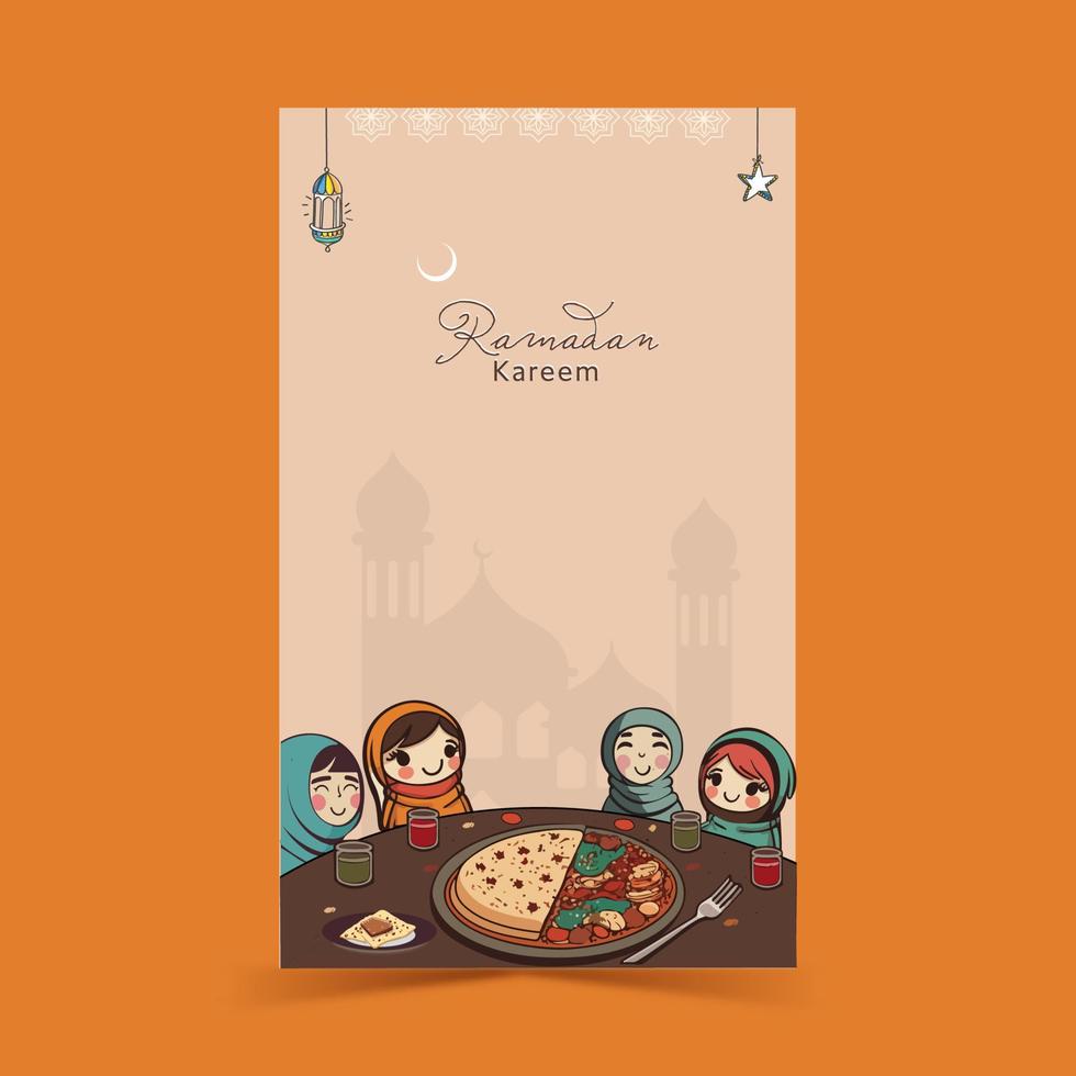 Ramadan kareem verticaal banier ontwerp met vrolijk moslim vrouw kinderen genieten van heerlijk maaltijden Bij dining tafel. vector