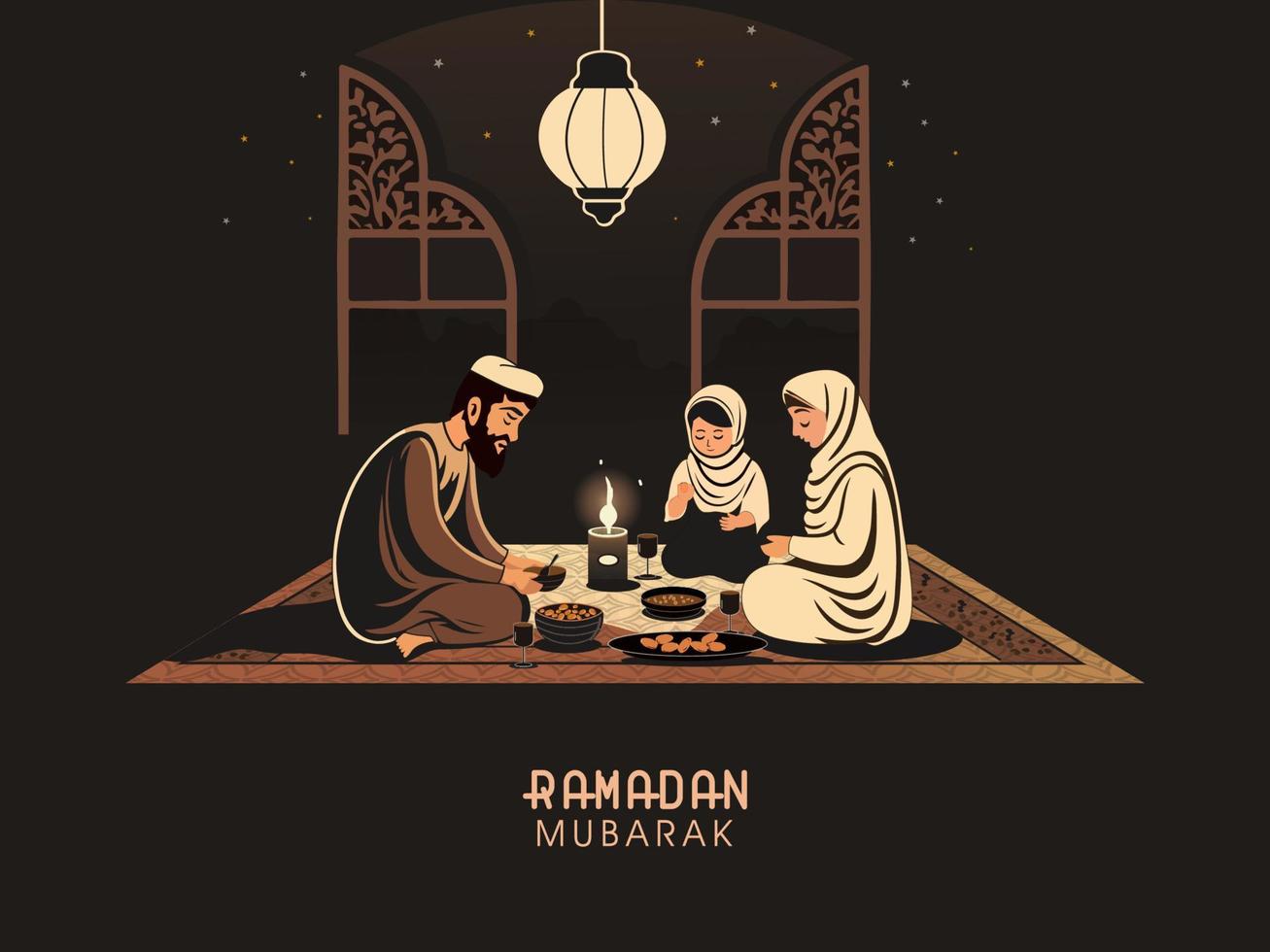 Ramadan mubarak concept met moslim familie genieten van heerlijk voedsel, verlichte Arabisch lamp Bij nacht tijd. vector