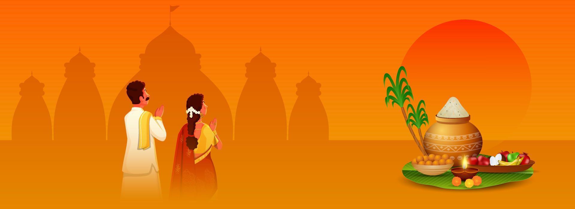 illustratie van zuiden Indisch paar aan het doen surya god aanbidden met festival elementen Aan oranje silhouet tempel achtergrond. vector