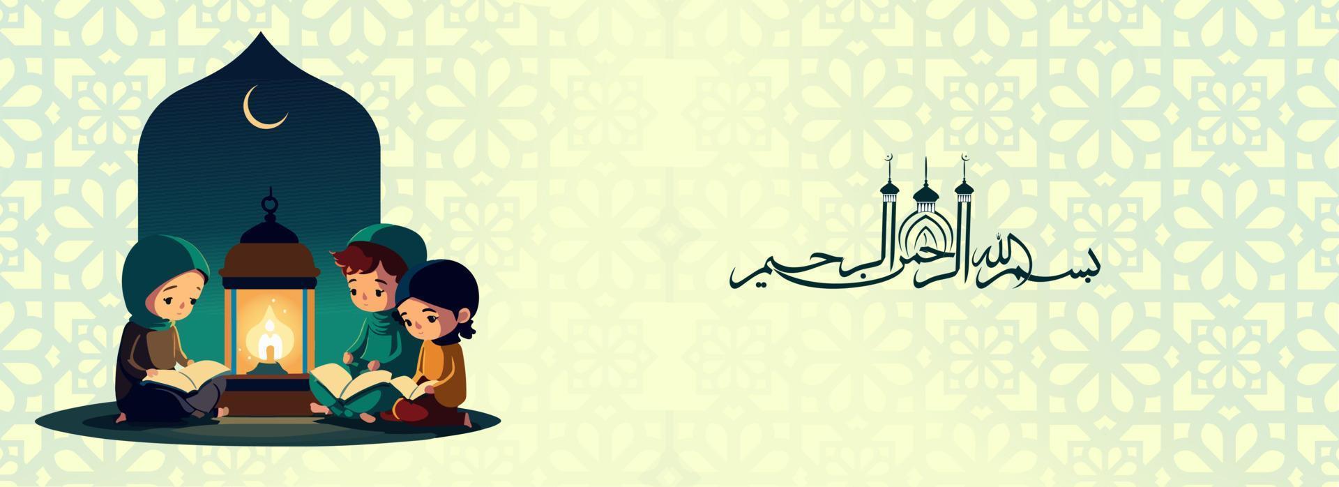 Arabisch Islamitisch schoonschrift van wensen in de naam van Allah, meest genadig, meest barmhartig en moslim kinderen lezing koran boek samen, verlichte Arabisch lamp in nacht. vector