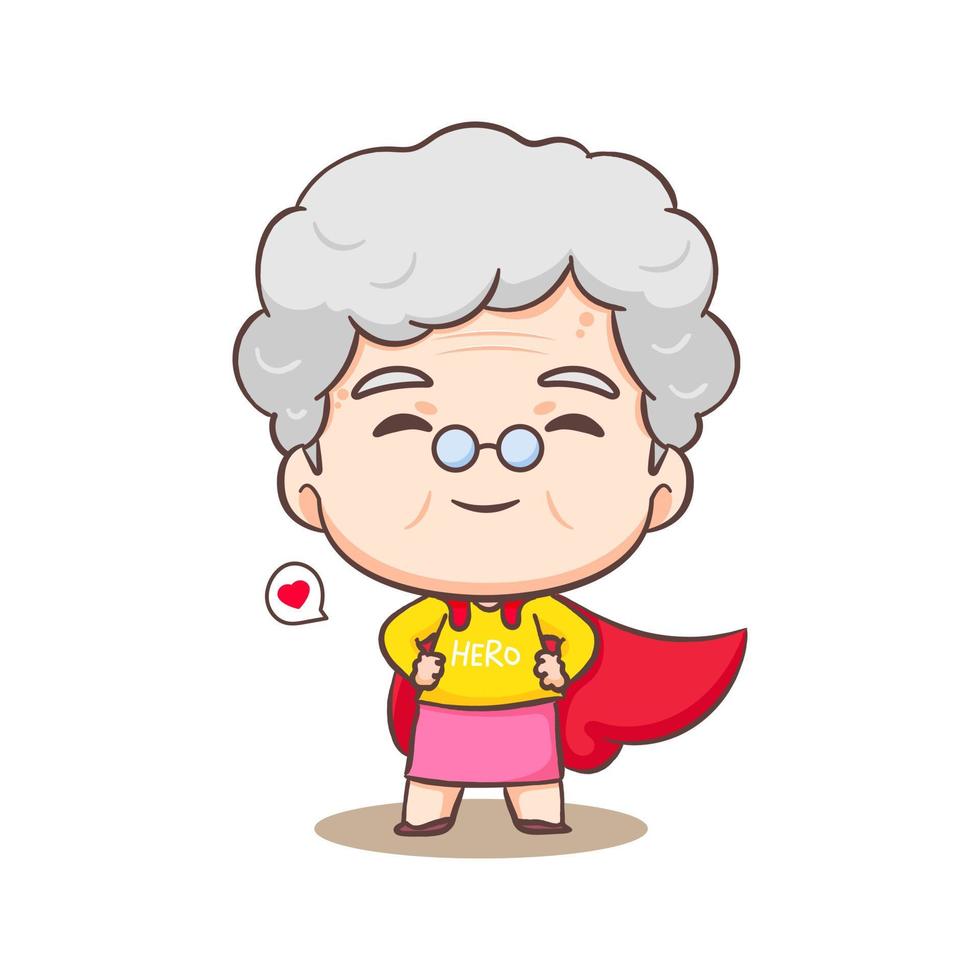 schattig grootmoeder tekenfilm karakter wezen super held. mensen concept ontwerp. vlak aanbiddelijk chibi vector illustratie. geïsoleerd wit achtergrond