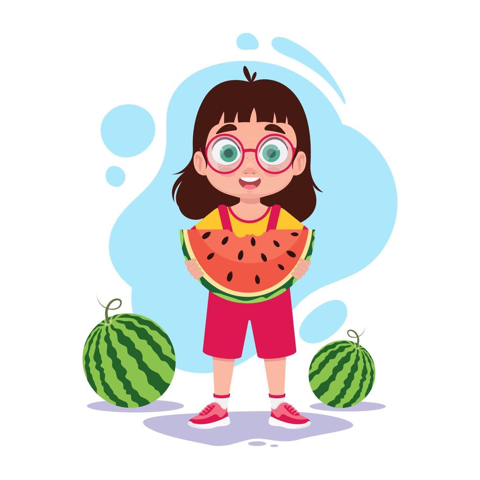 schattig meisje met een watermeloen in haar handen vector