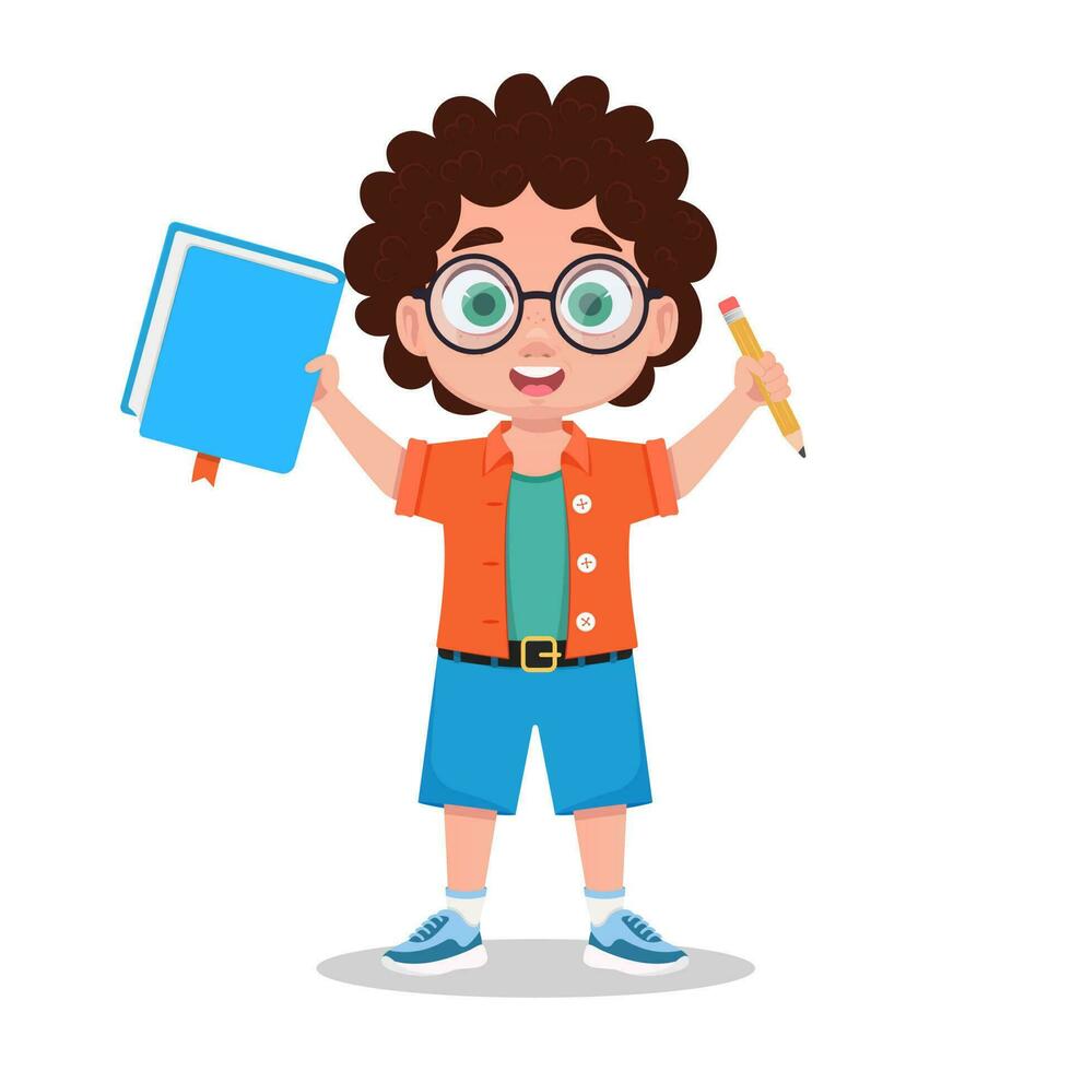 schattig jongen met notitieboekje en pen in hand- vector