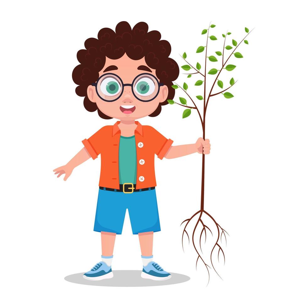 schattig jongen aanplant een boom, vector illustratie