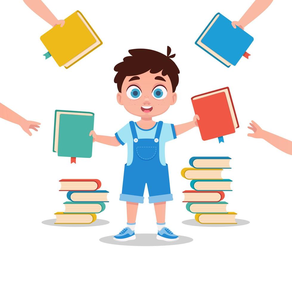 een schattig jongen is overhandigen uit boeken. vector illustratie