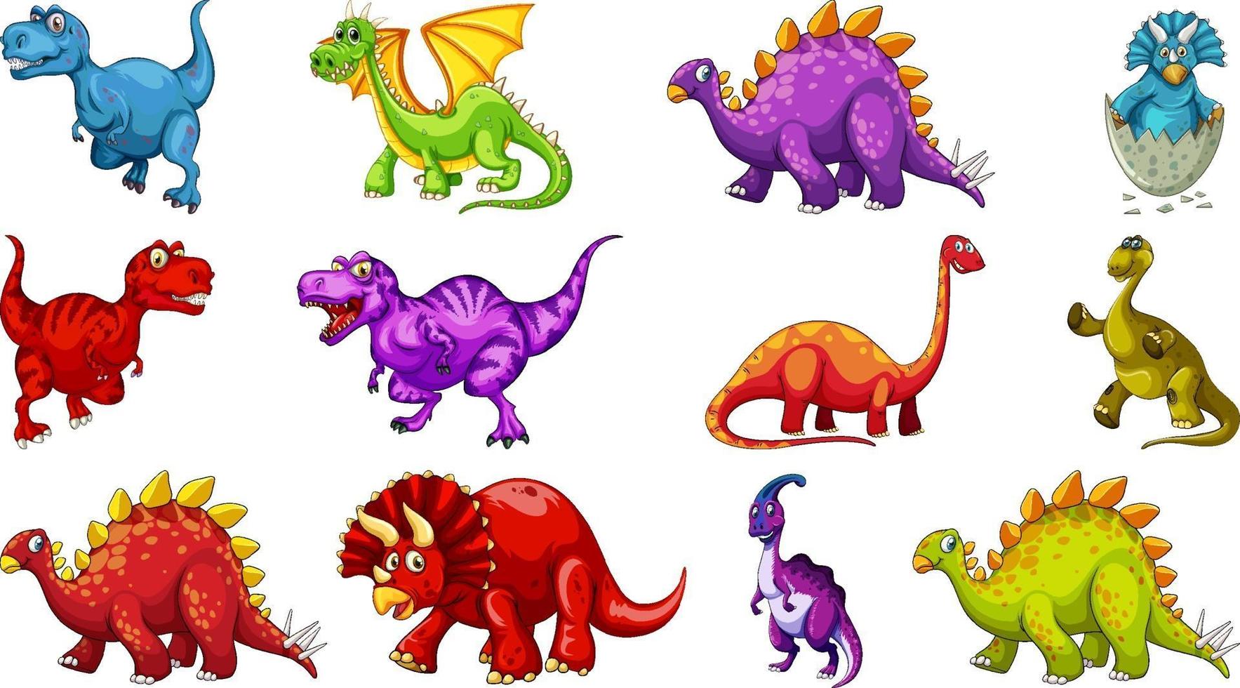 verschillende dinosaurussen stripfiguur en fantasie draken geïsoleerd vector