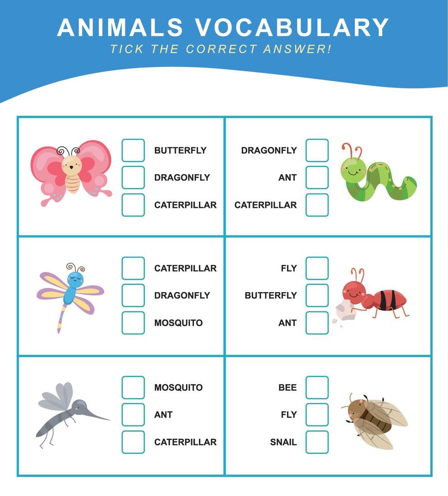 Kiezen de correct antwoorden. dieren vocabulaire. werkblad voor peuter. woorden test leerzaam spel voor kinderen. vector het dossier.