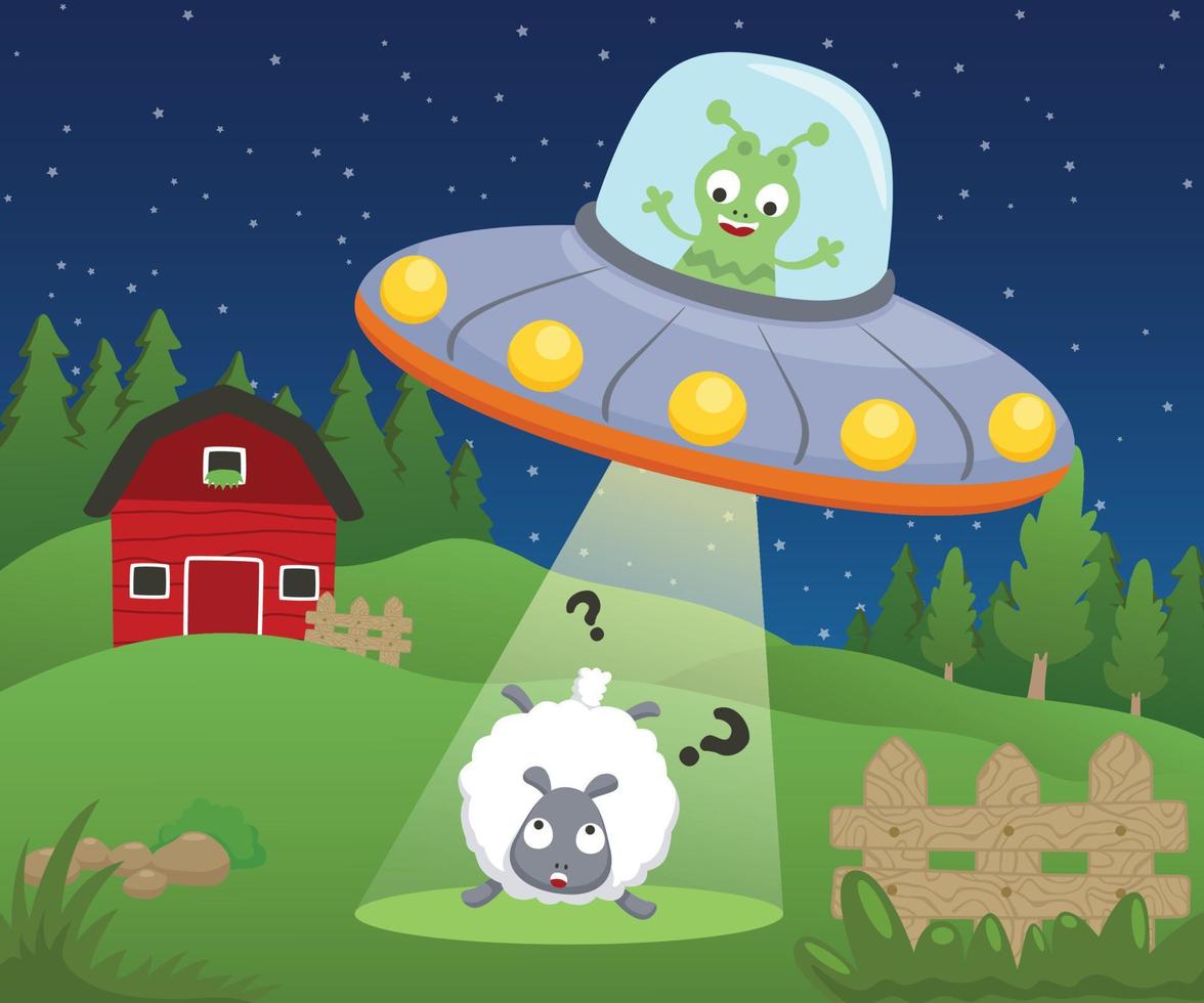 vector illustratie van tekenfilm buitenaards wezen in ufo ontvoerd een schapen in boerderij veld-