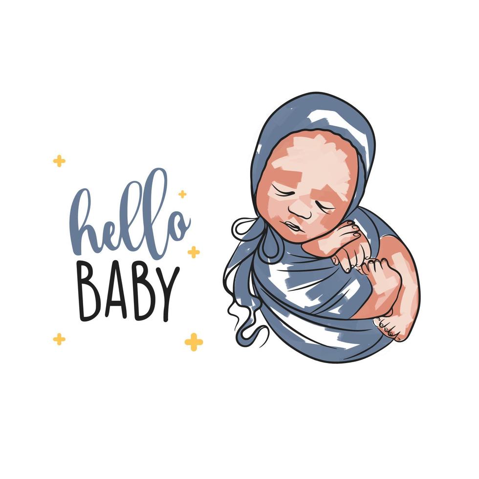 baby aankomst kaart met inscriptie, pasgeboren, Hallo baby, in tekening vector