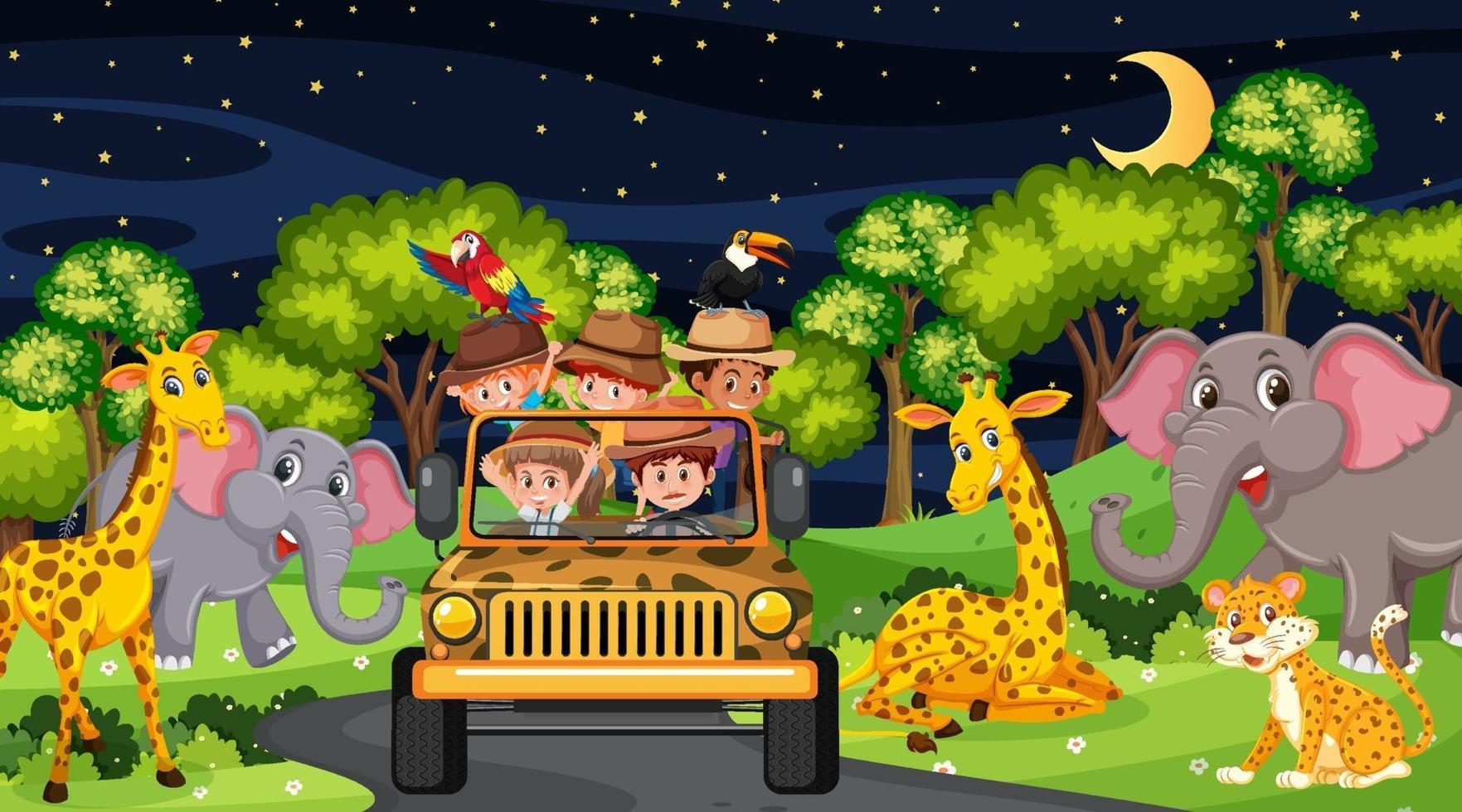 dieren in safariscène met kinderen in de toeristenauto vector