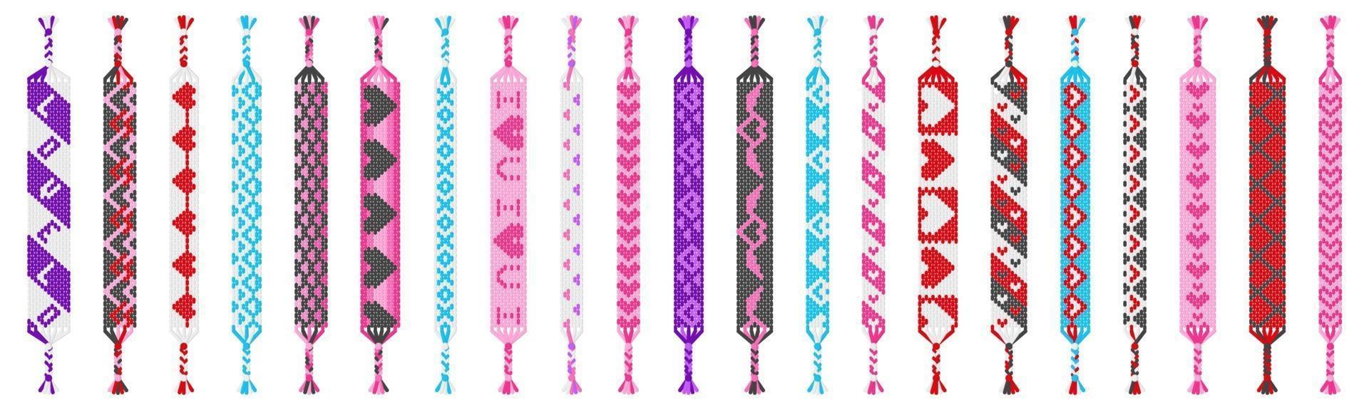 vector set gekleurde handgemaakte hippie vriendschap armbanden van draden geïsoleerd op een witte achtergrond. Valentijnsdag