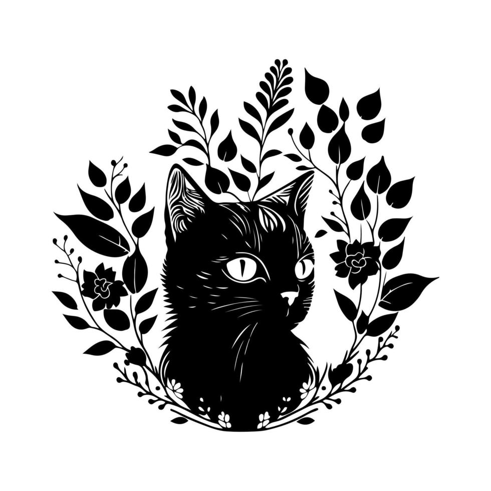 sier- zwart kat met een delicaat bloemen lauwerkrans. vector illustratie perfect voor huisdier winkels, veterinair Diensten, groet kaarten, en andere verwant ontwerpen.