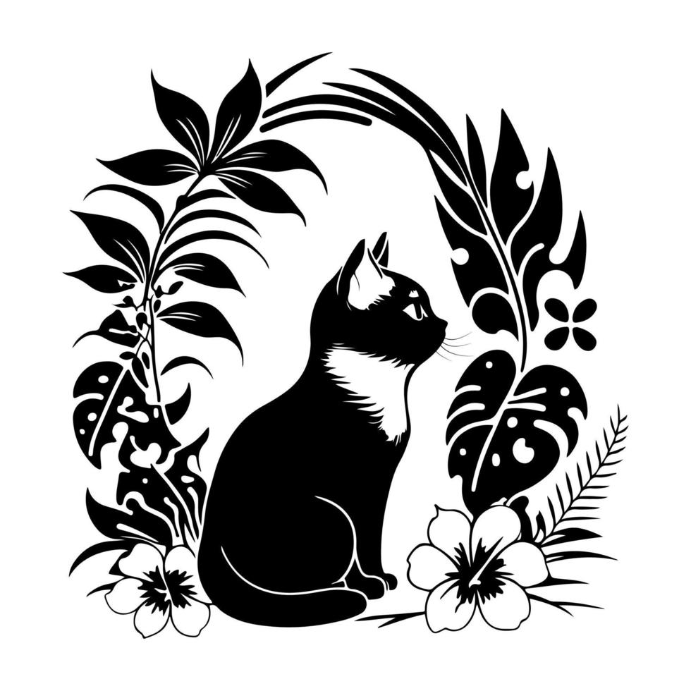 sereen zwart en wit kat resting temidden van weelderig tropisch gebladerte en bloemen. vector illustratie ideaal voor huisdier zorg, dier geliefden, natuur, en tuin gerelateerd ontwerpen.