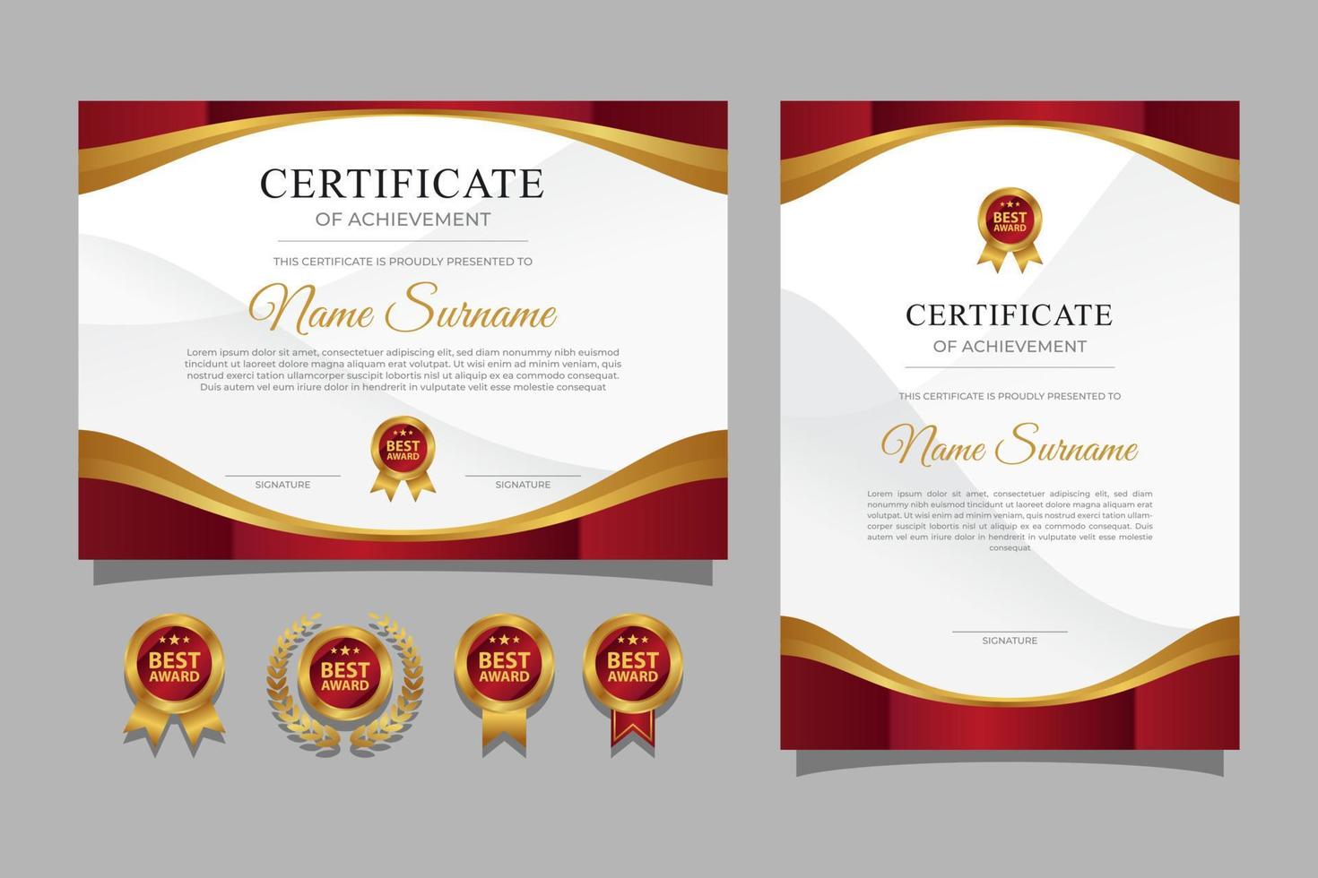 horizontaal en verticaal certificaat ontwerp sjabloon met rood grens en goud badges vector