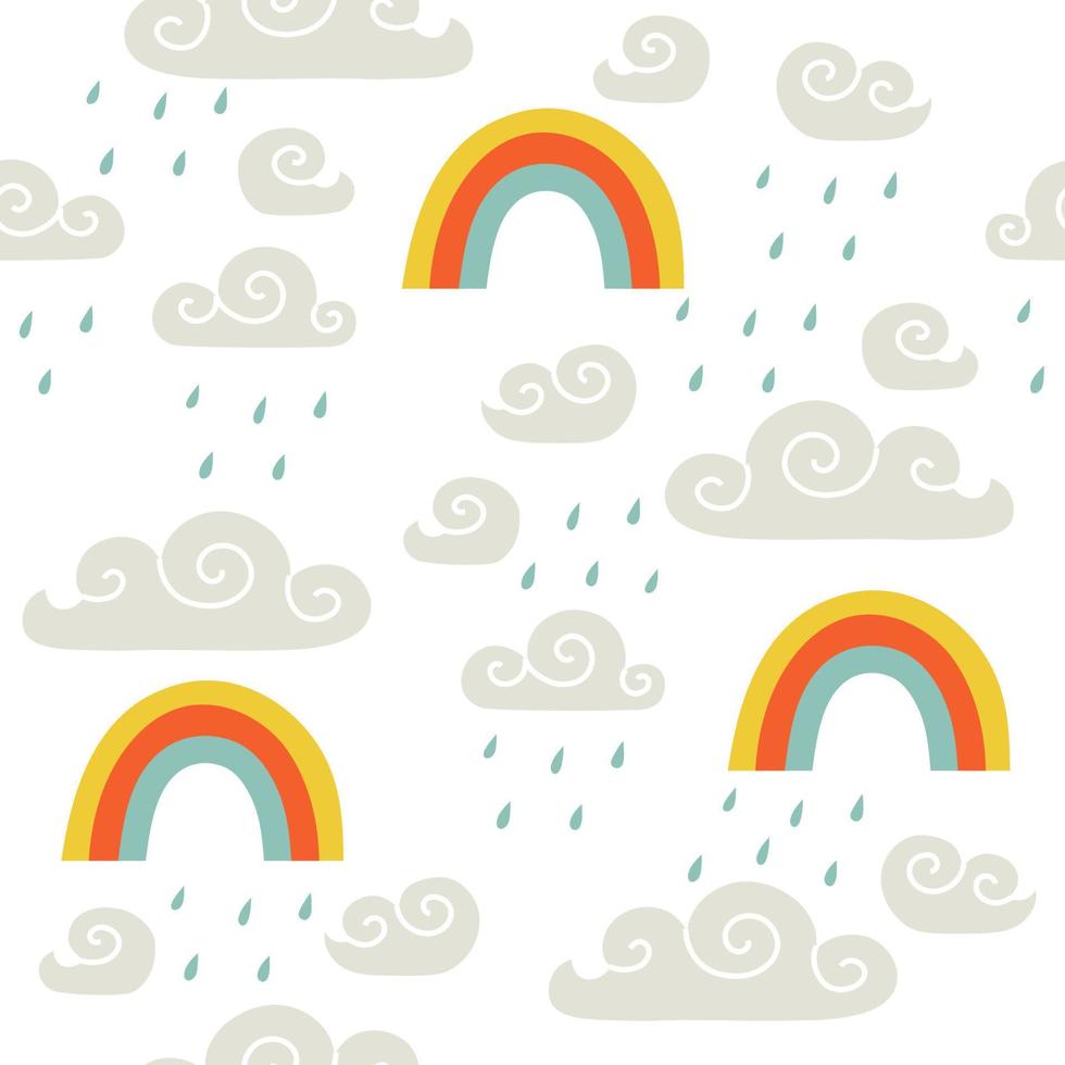 patroon met regenbogen en wolken in vlak stijl. hand- getrokken vector illustratie.