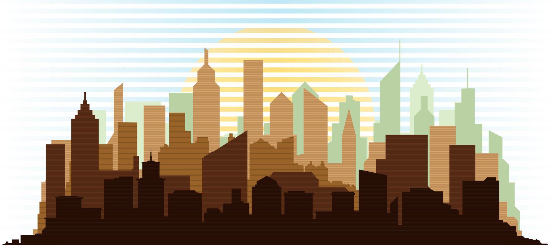 stad landschap. silhouet van de stad. stad landschap met wolkenkrabbers en zonsopkomst in een vlak stijl. retro vector illustratie