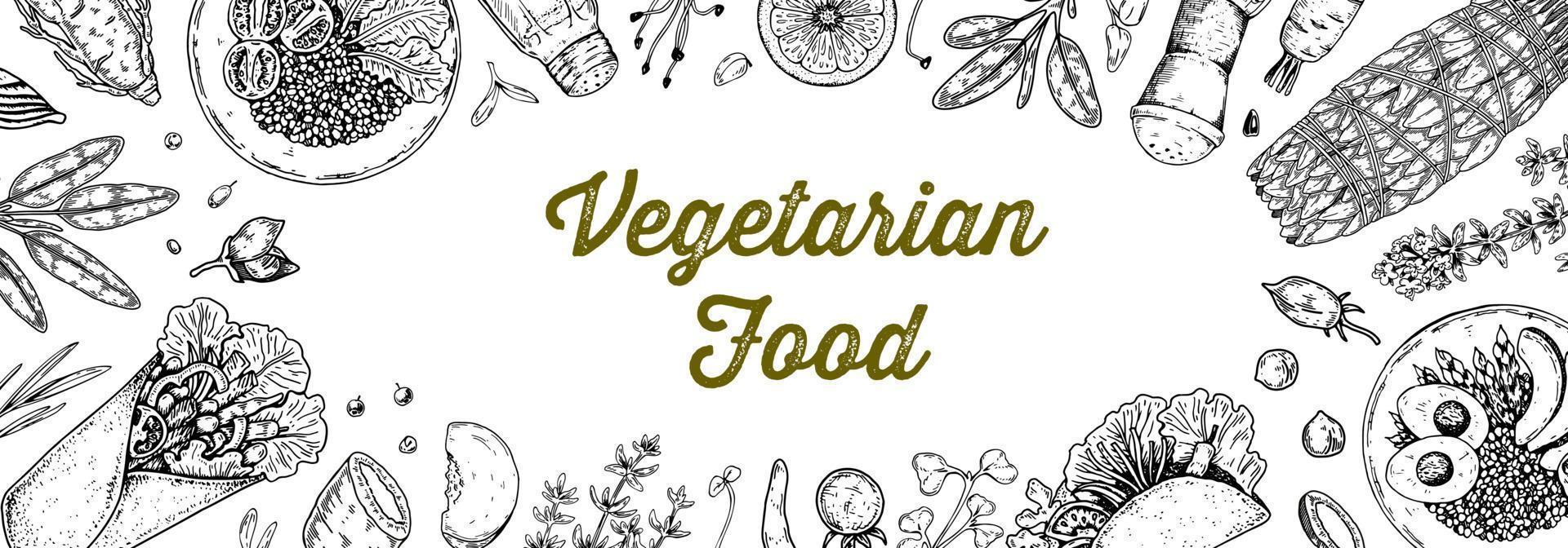 vegetarisch voedsel achtergrond. hand- getrokken vector illustratie in schetsen stijl. restaurant menu ontwerp
